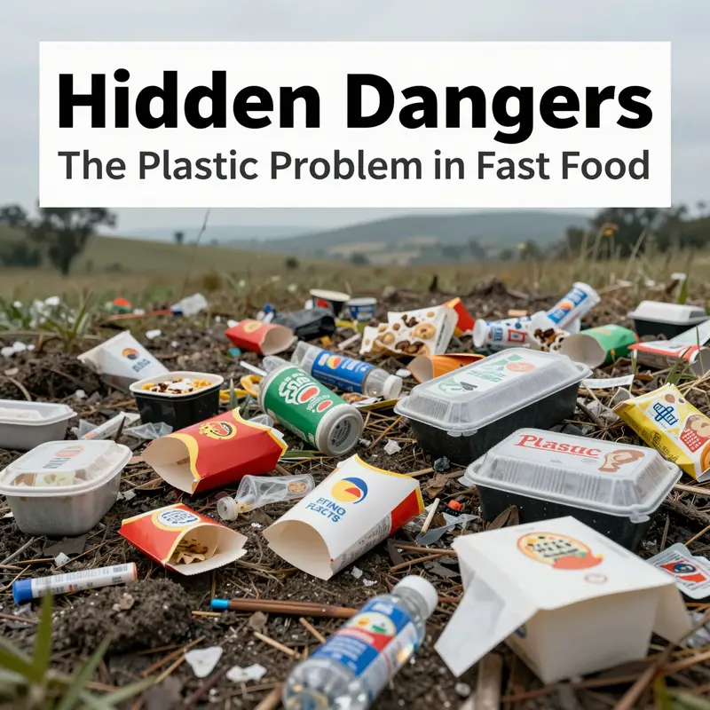 Fast food items prepared in a kitchen showing the use of plastic packaging, highlighting the presence of harmful chemicals.