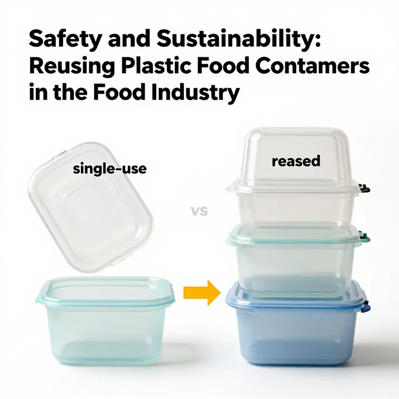 Staff ensuring safety and hygiene of reused plastic food containers in a bustling kitchen.