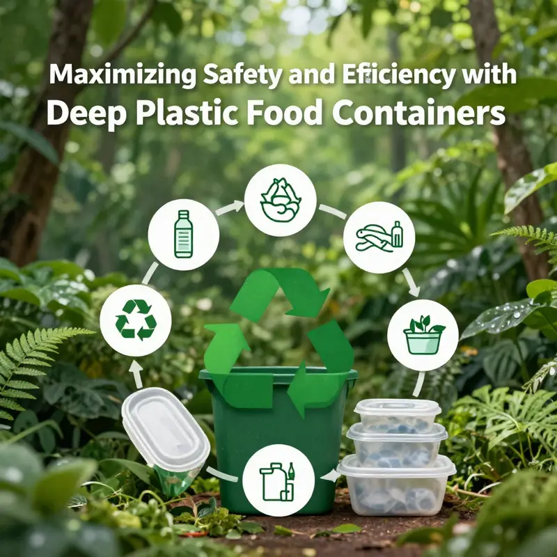 Deep plastic food containers showcasing diverse materials and safety compliance labels in a commercial kitchen.