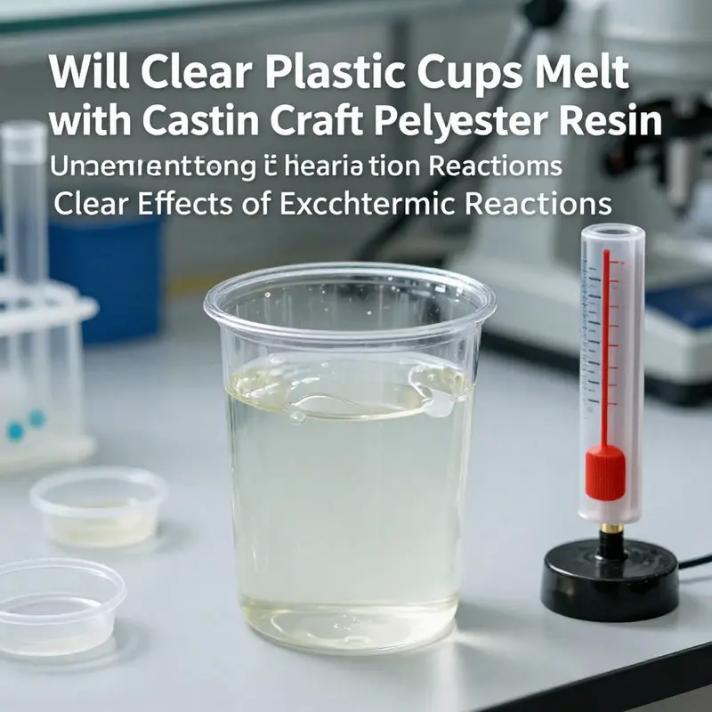 Diagram illustrating the curing process of polyester resin and its effects on clear plastic cups.