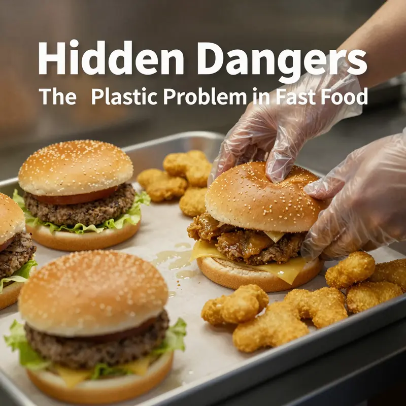 Fast food items prepared in a kitchen showing the use of plastic packaging, highlighting the presence of harmful chemicals.