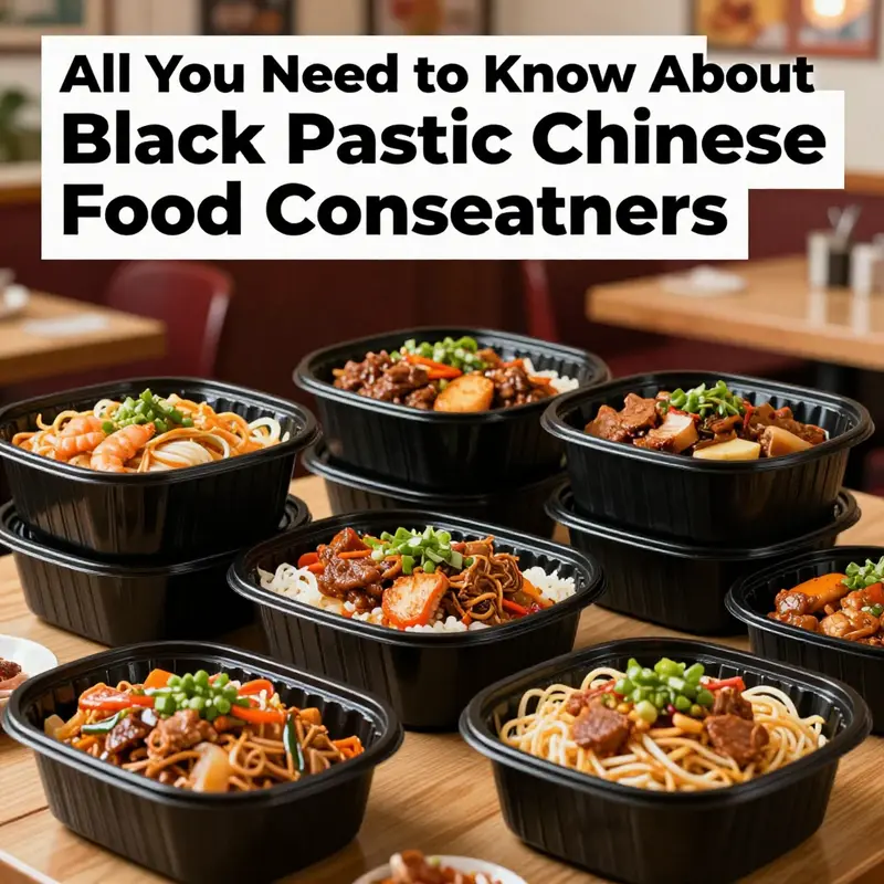A visually appealing display of black plastic Chinese food containers filled with colorful food items in a restaurant setting.