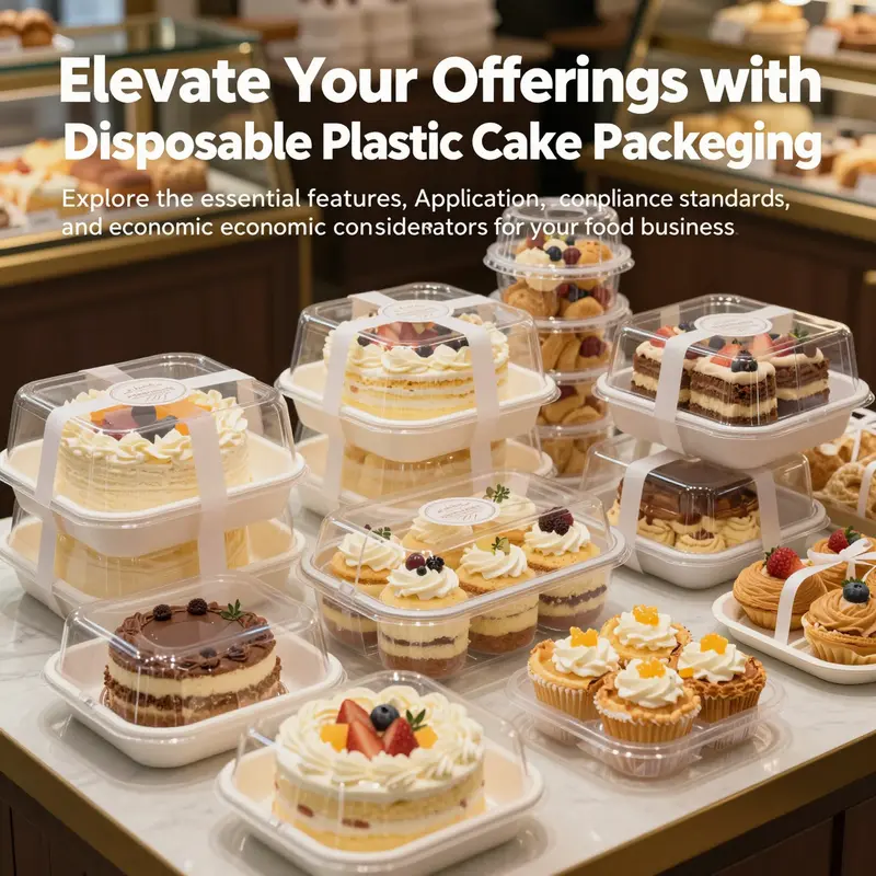 An array of disposable plastic cake boxes filled with cakes and pastries arranged attractively in a bakery.