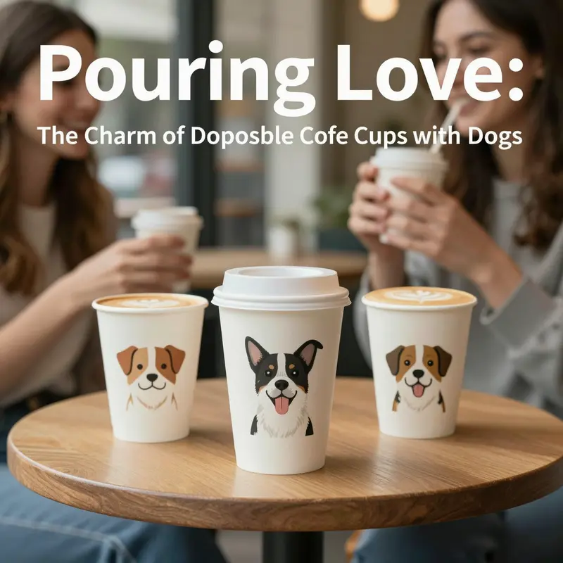 A vibrant café table with disposable paper coffee cups featuring dog designs, showcasing customers enjoying their drinks.