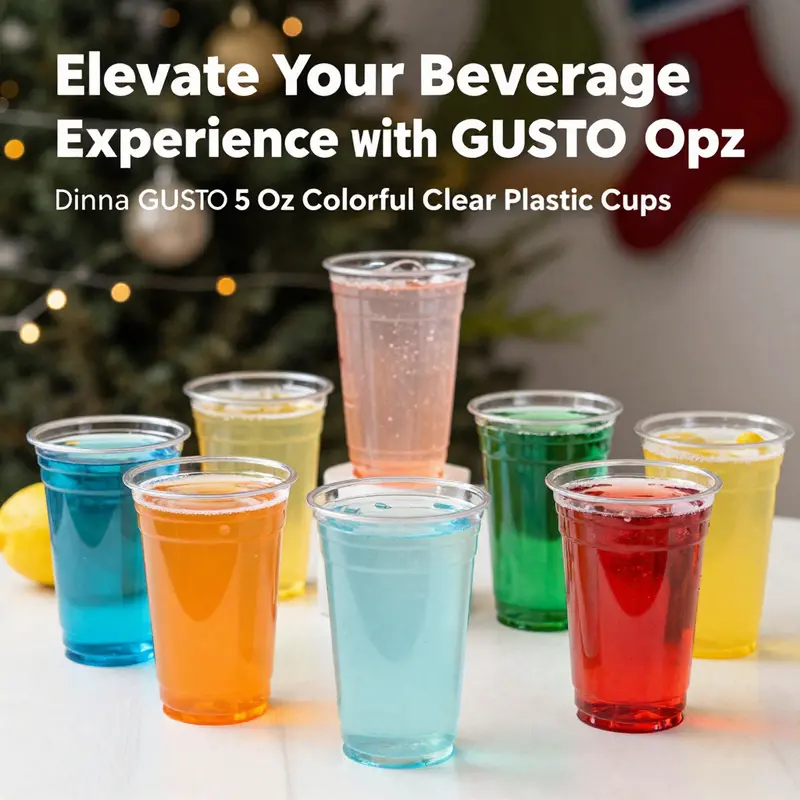 A diverse collection of colorful clear plastic cups filled with beverages, set in a celebratory atmosphere.
