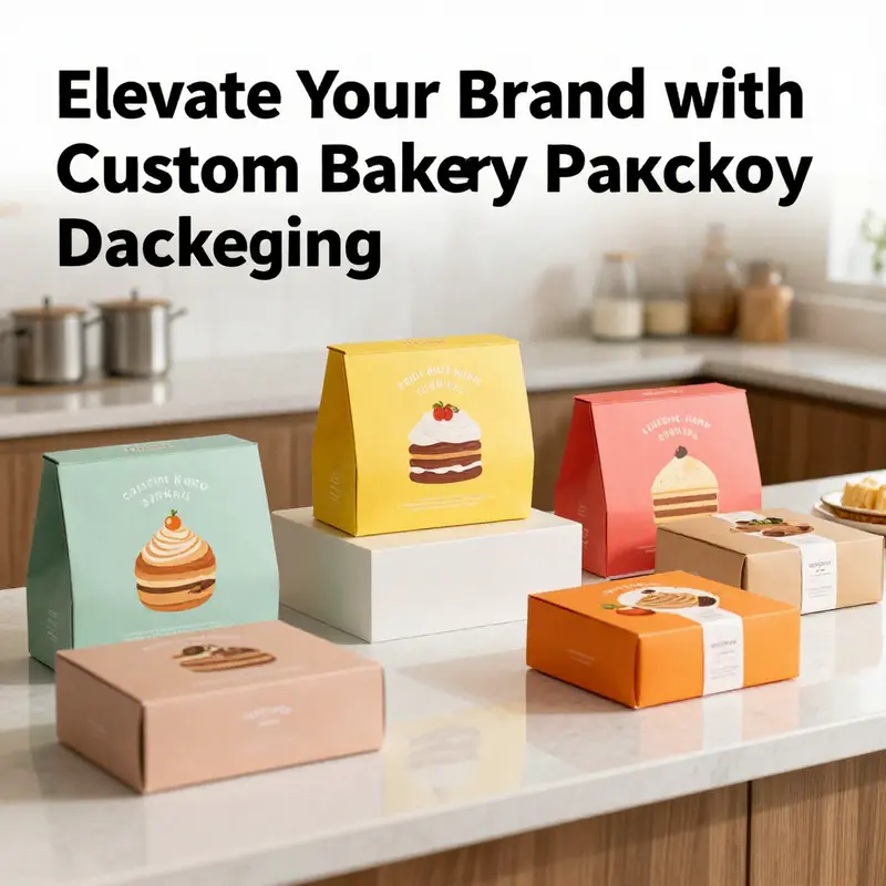 An assortment of custom bakery packaging boxes arranged on a countertop, highlighting elegance and product variety.