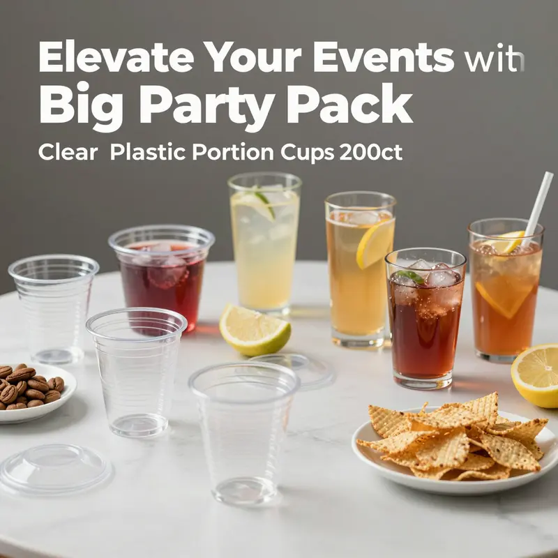 A beautifully arranged table showcasing clear plastic portion cups filled with drinks and a variety of foods, symbolizing event readiness.