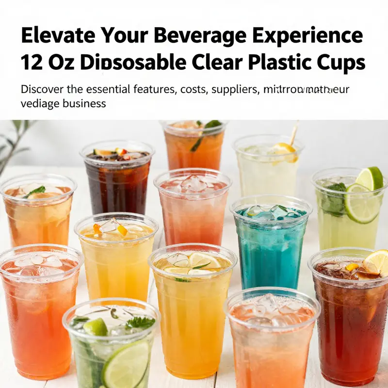Collage of different drinks in 12 oz clear plastic cups against a bright background, representing beverage versatility.