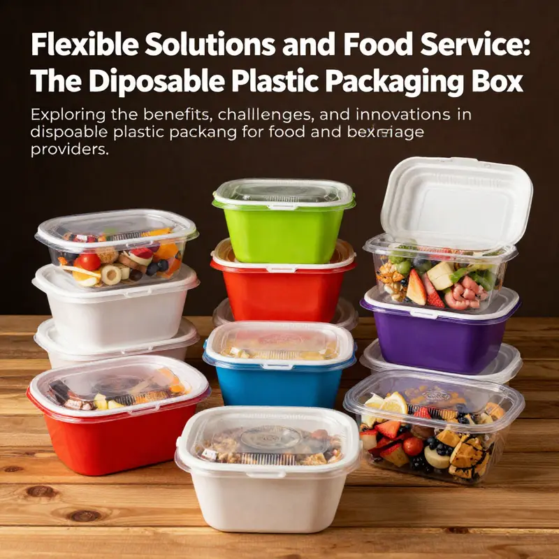 A visually appealing arrangement of colorful disposable plastic packaging boxes filled with food, representing versatility in the food industry.