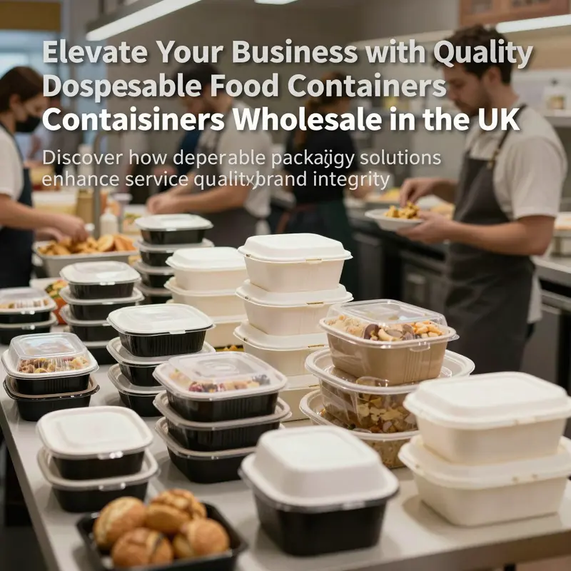 A dynamic food service scene utilizing various disposable food containers for takeaway and catering.
