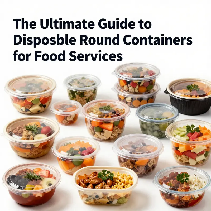 A colorful collection of disposable round food containers filled with food, illustrating the variety in size and material.
