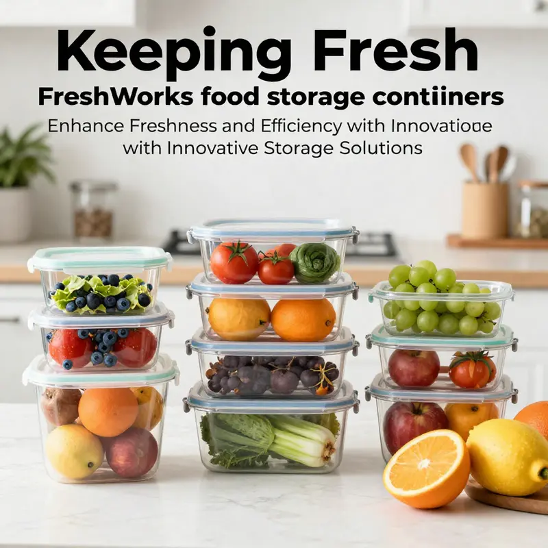 An organized kitchen with Rubbermaid FreshWorks containers displaying a variety of fresh fruits and vegetables.
