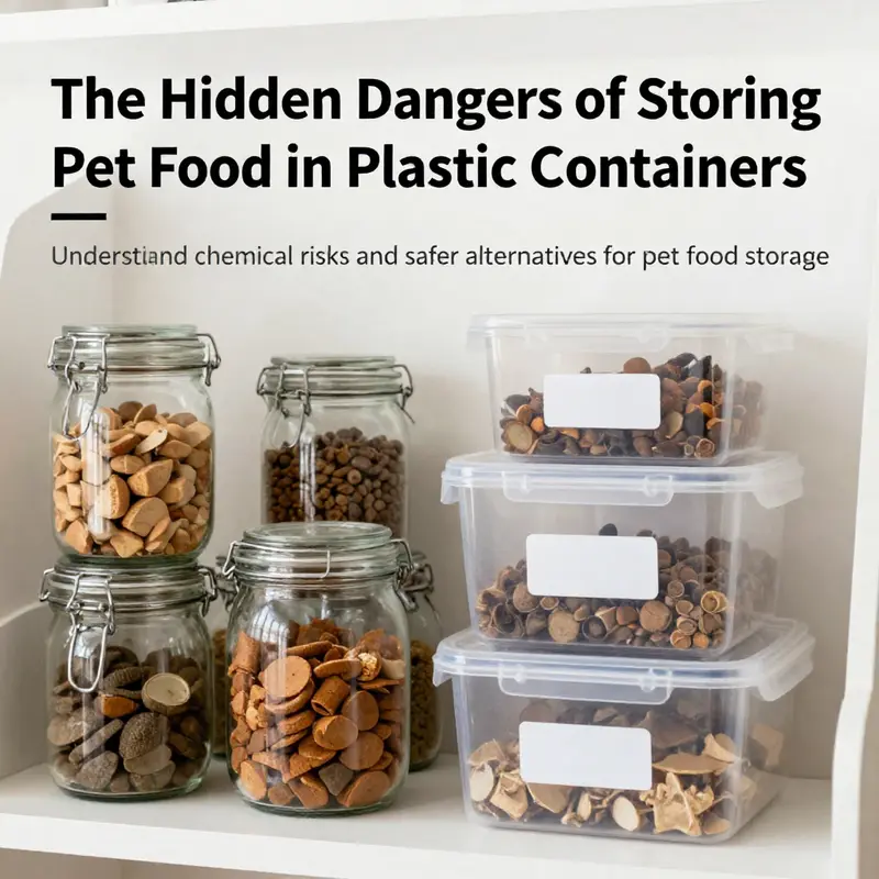 Organized pet food storage area featuring glass and quality plastic containers.
