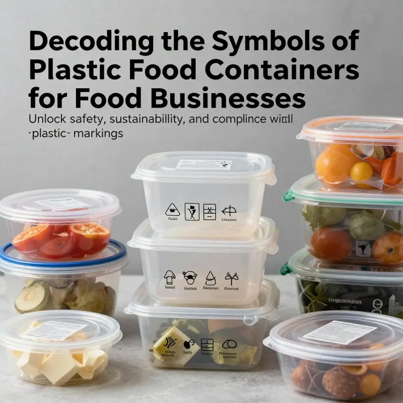 Diverse plastic food containers showcasing various symbols reflecting safety, sustainability, and compliance.