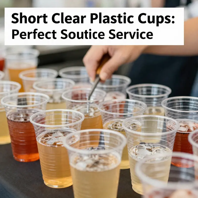 A vibrant catering event with short clear plastic cups, showcasing drinks and the cups' transparent design.