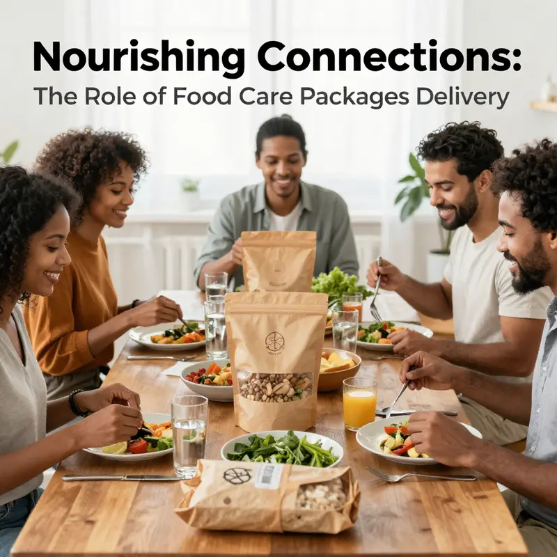 A table filled with food care packages, representing the emotional and comforting experience of shared meals.