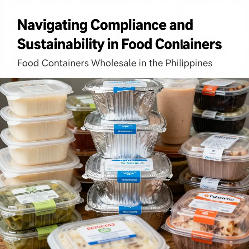 A visually engaging collage showing different types of compliant food containers inspired by sustainability and safety.