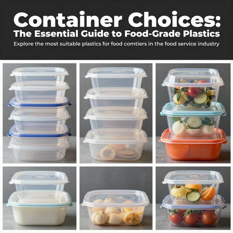 A colorful collage of food-grade plastic containers showcasing their versatility in food service.