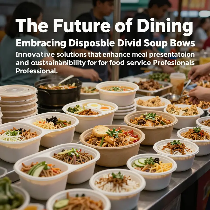 A vibrant food market showcasing various meals in disposable divided soup bowls, emphasizing their versatility.