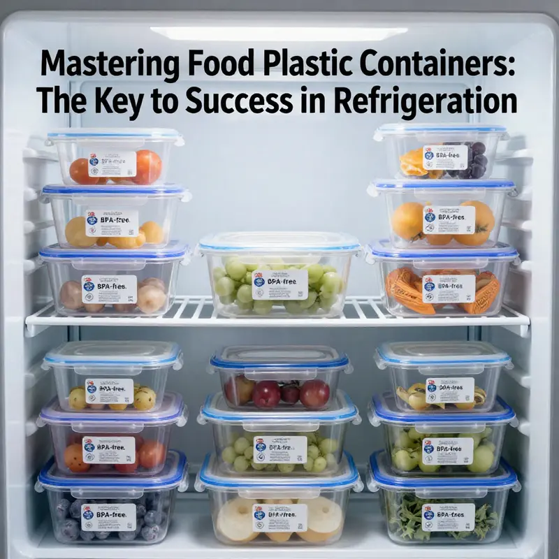 Diverse food plastic containers highlighting safety certifications in a refrigerated environment.