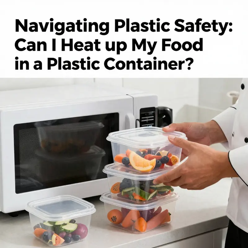 Image of a chef inspecting plastic food containers next to a microwave, representing safety standards in food handling.