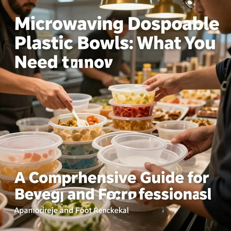 A lively food service environment displaying disposable packaging, with a focus on safe microwave practices.