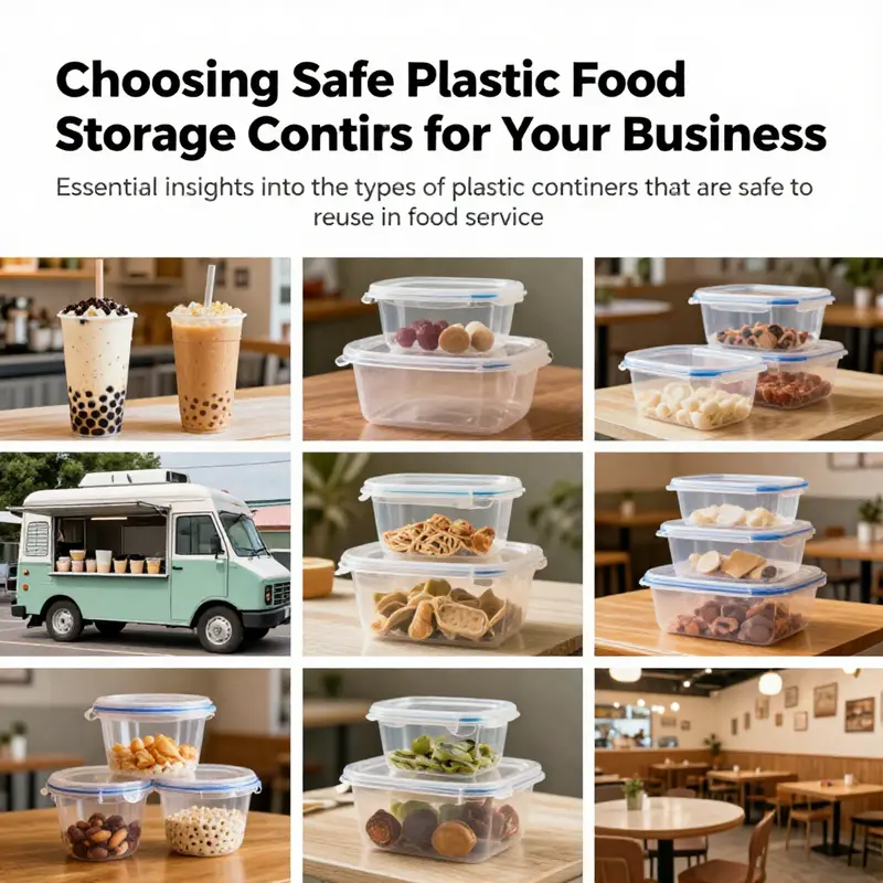 Illustration of various food service venues like restaurants and food trucks showing the use of safe plastic food storage containers.