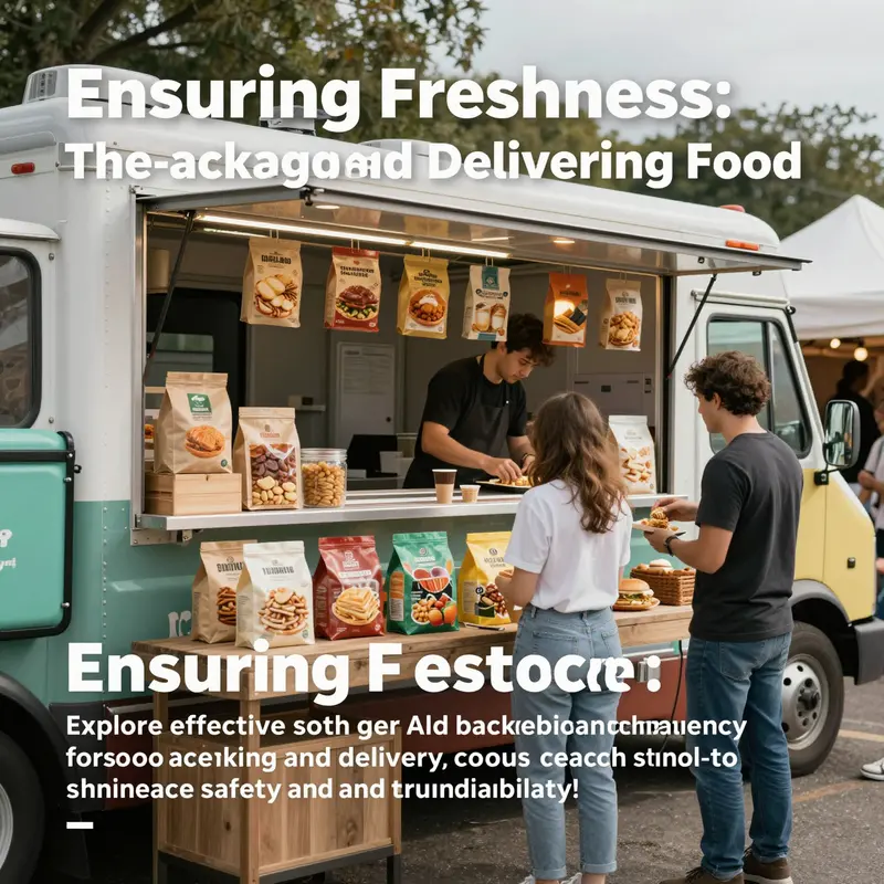 People enjoying food from trucks with visible packaging and delivery options in an outdoor festival setting.