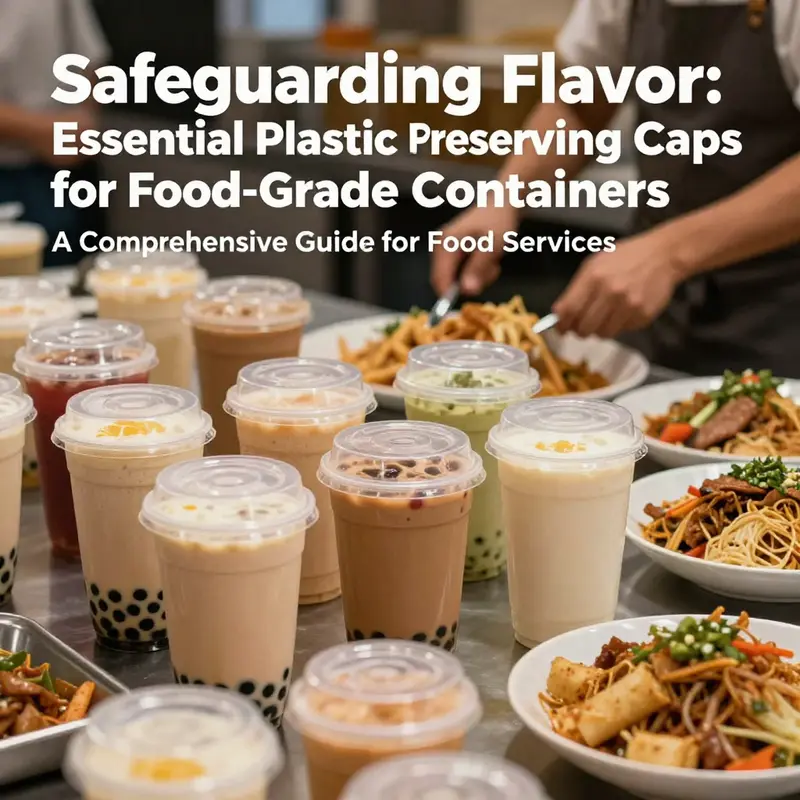A dynamic food service setup illustrating various food items and beverages securely capped with quality plastic preserving solutions.