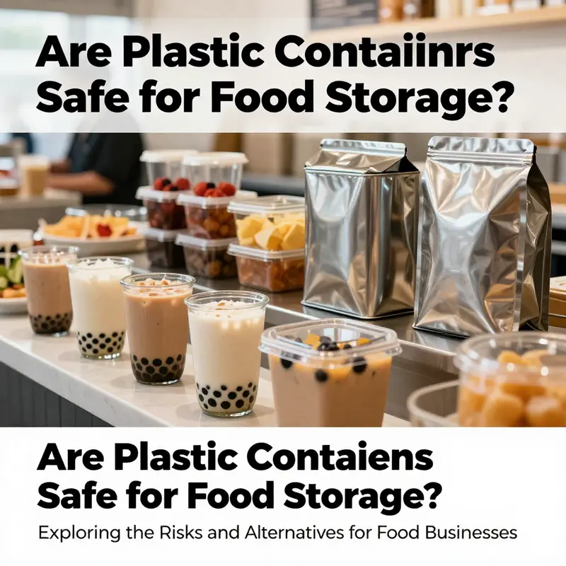 An image of a vibrant food service environment showcasing various drinks and meals in glass and stainless steel containers, indicating a focus on safety and quality.