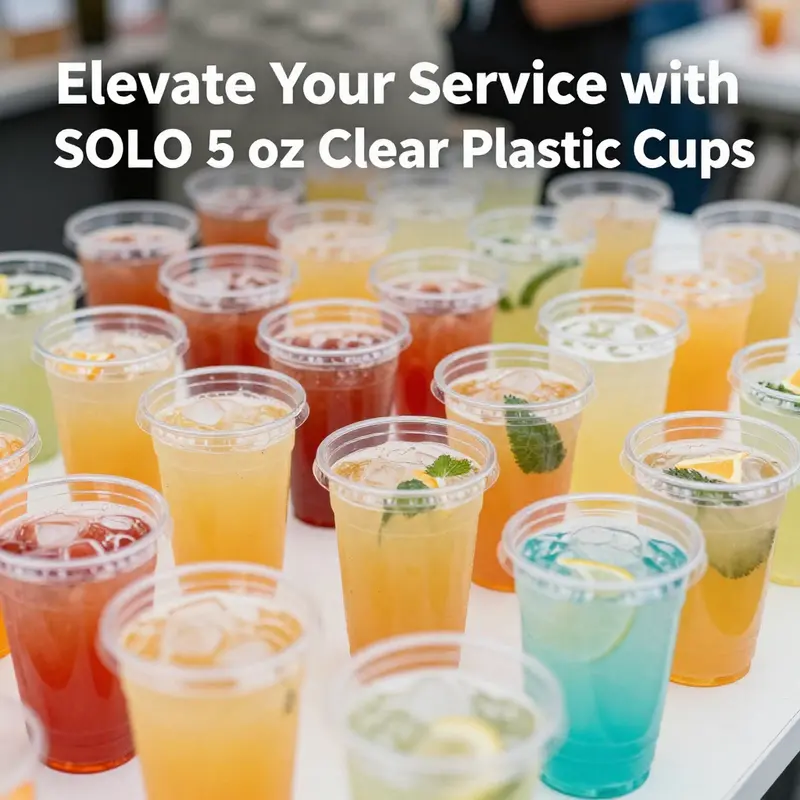 SOLO 5 oz clear plastic cups displaying an assortment of colorful beverages, perfect for any occasion.