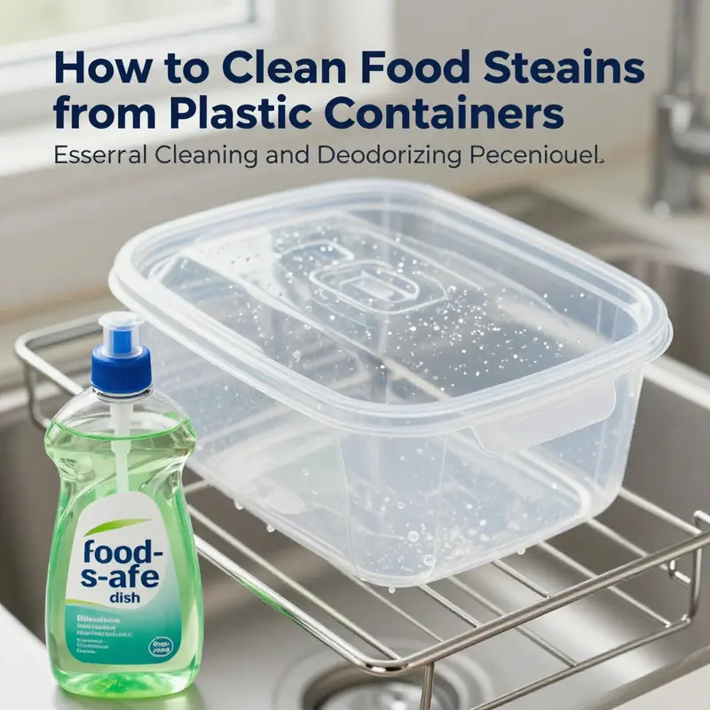 Using a baking soda paste to effectively clean greasy stains from a plastic container.