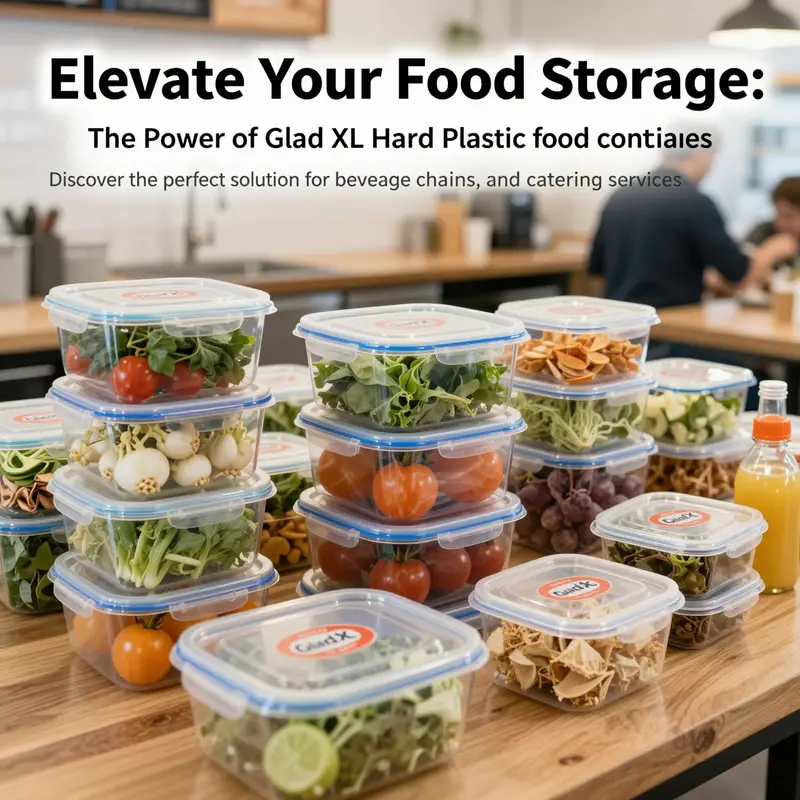 Glad XL Hard Plastic Food Containers filled with various fresh ingredients laid out in a busy café setting.