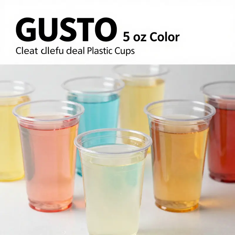 GUSTO 5 oz Colorful Clear Plastic Cups highlighting their crystal-clear design and colorful appeal in a beverage display.