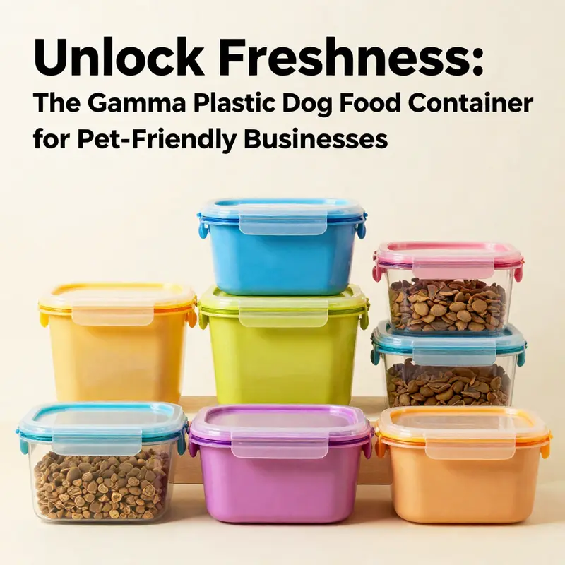 An assortment of colorful Gamma plastic dog food containers displayed in a lively pet-friendly environment.