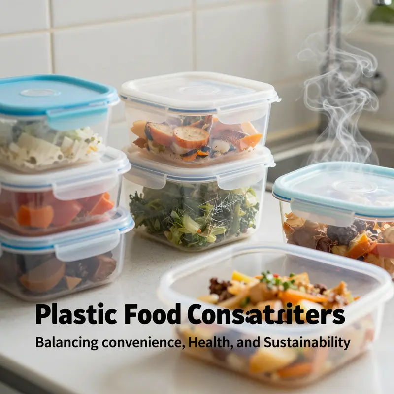 Visual illustration of plastic containers exposed to potential health risks through heat and wear.