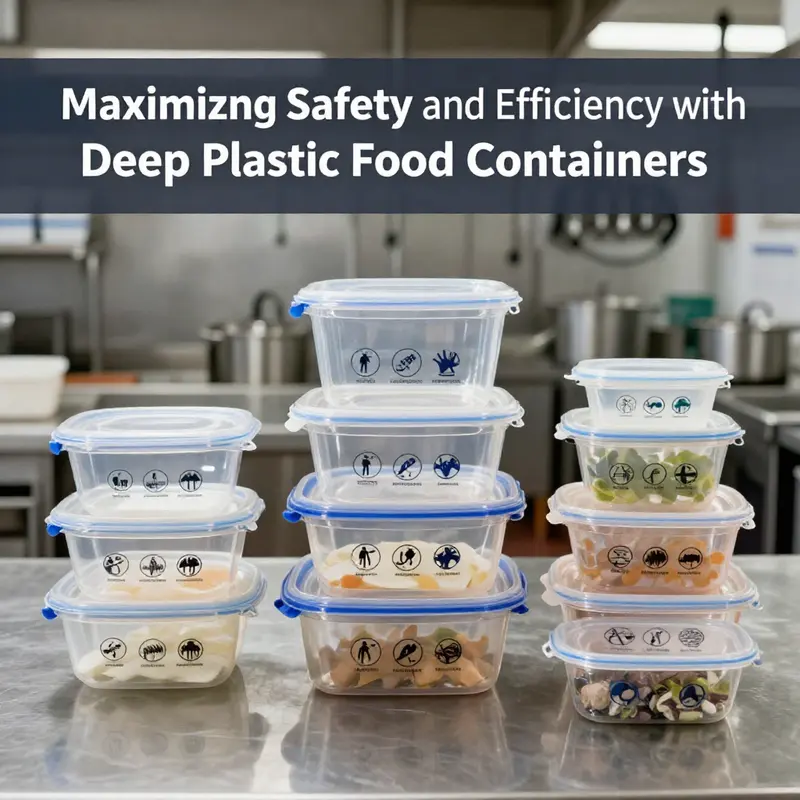 Deep plastic food containers showcasing diverse materials and safety compliance labels in a commercial kitchen.