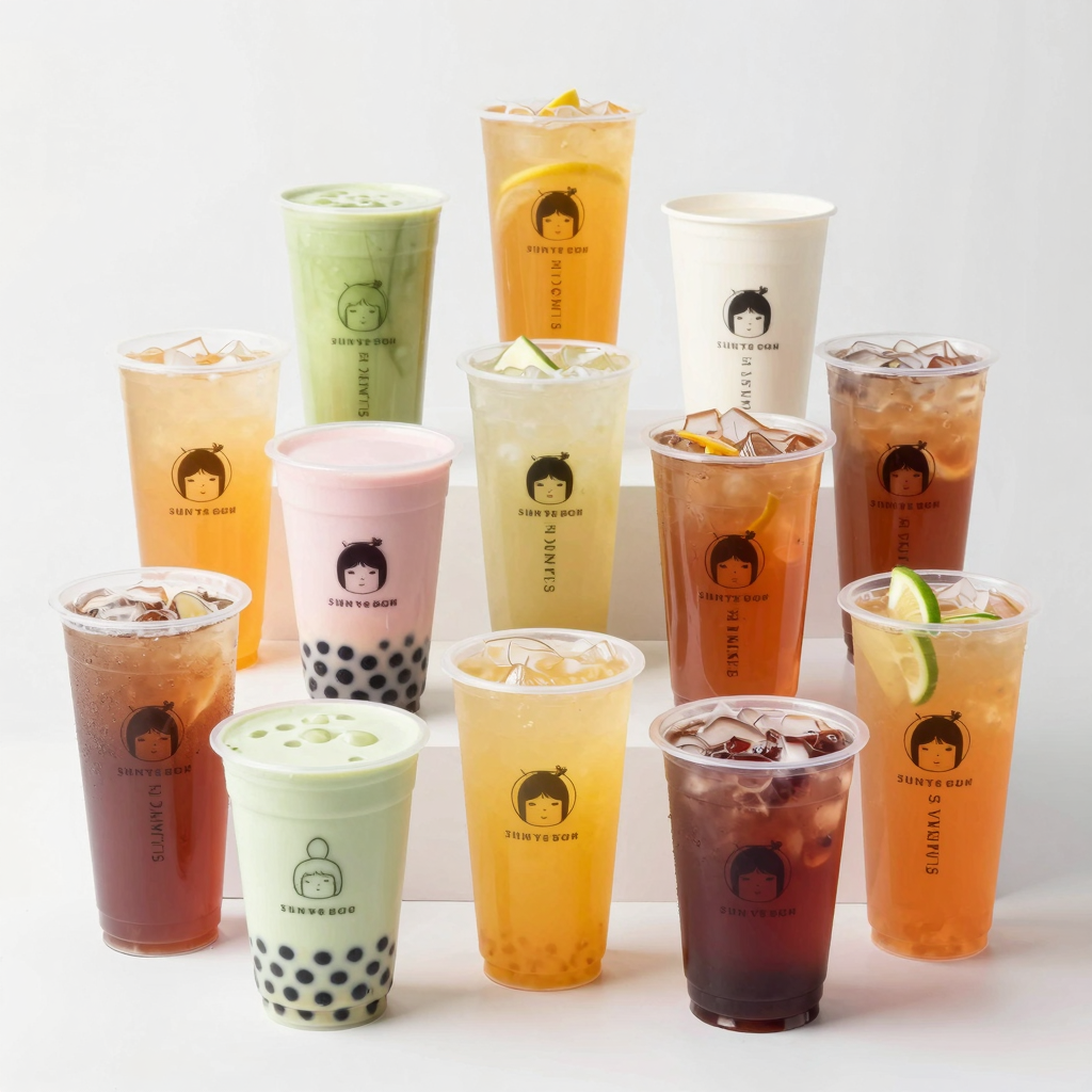 Colorful assortment of disposable plastic cups for beverages