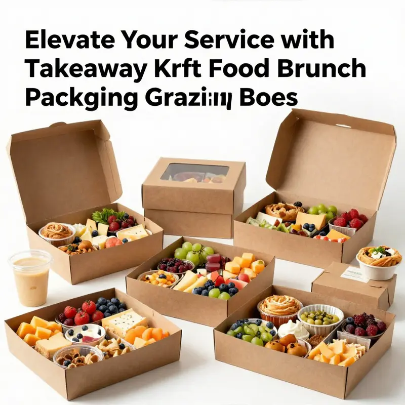 Diverse designs of takeaway kraft grazing boxes, ideal for brunch catering and food presentations.