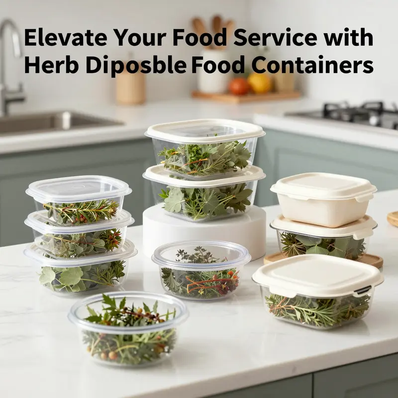 A variety of innovative herb disposable food containers designed for freshness and visual appeal.