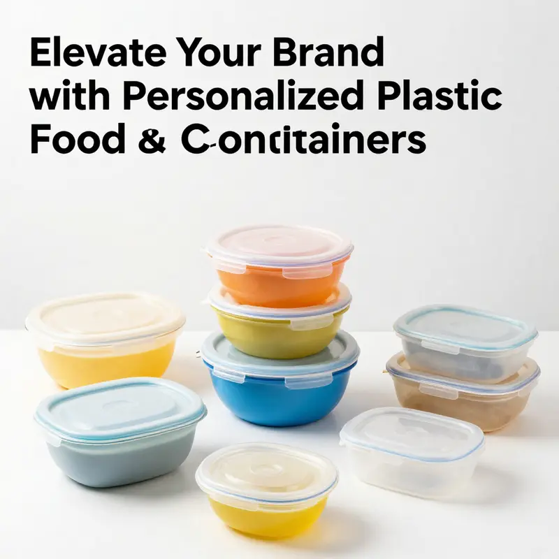 Showcasing various personalized plastic food containers perfect for food trucks, restaurants, and catering services.