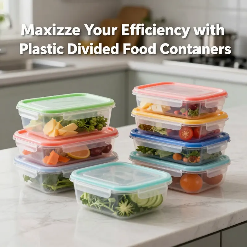 Showcasing the smart design of plastic divided food containers with multiple compartments for organized storage.