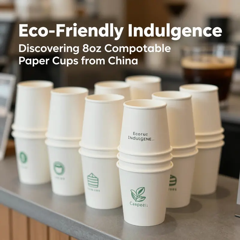 Aesthetic display of 8oz compostable paper cups ready for service.