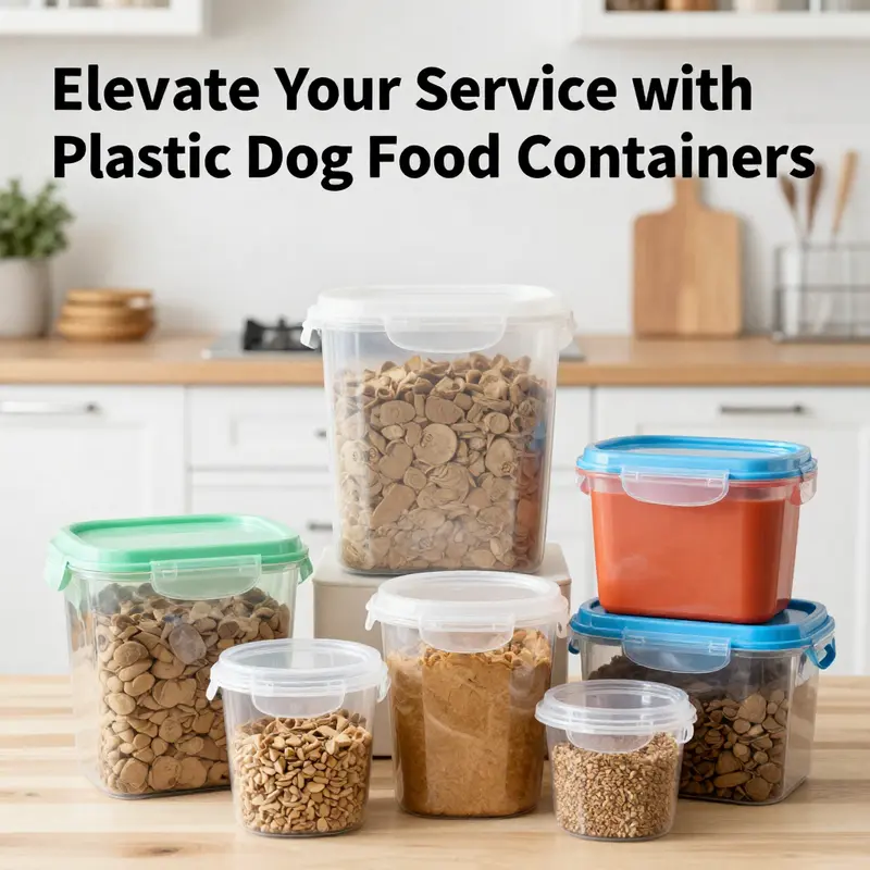An array of plastic dog food containers emphasizing their various features and designs.