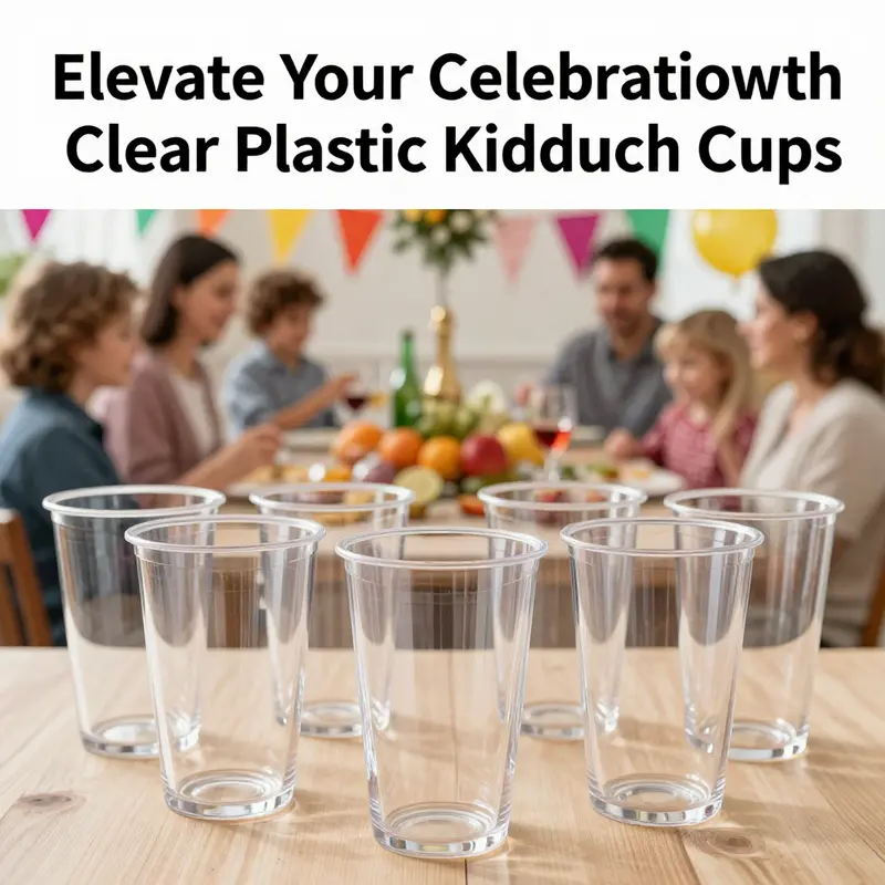 Diverse celebratory setups featuring clear plastic Kiddush cups as the center focus.