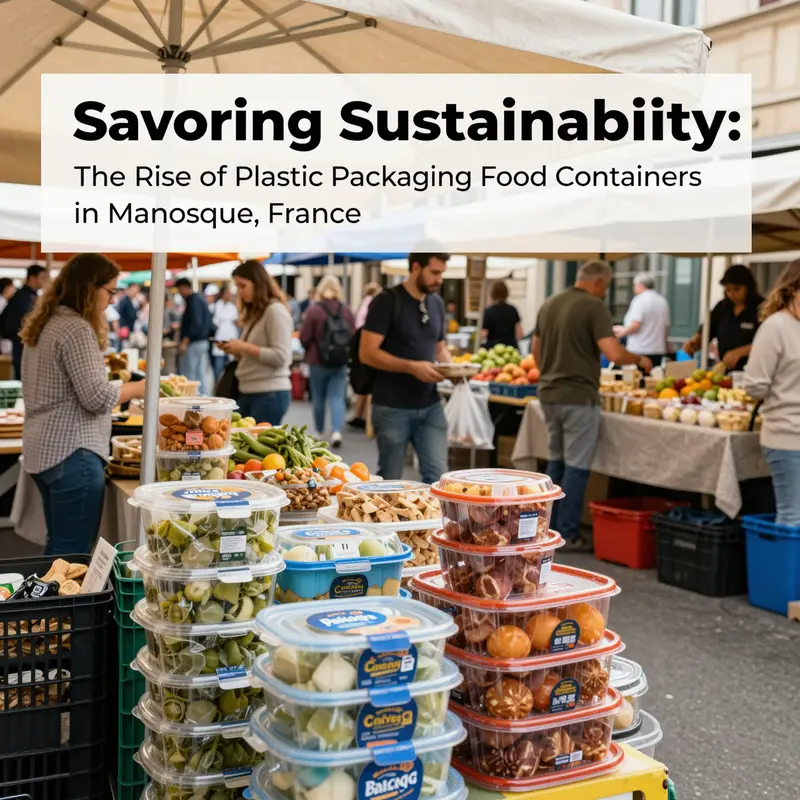 A vibrant scene of plastic food packaging containers at a market in Manosque, reflecting local culinary culture.