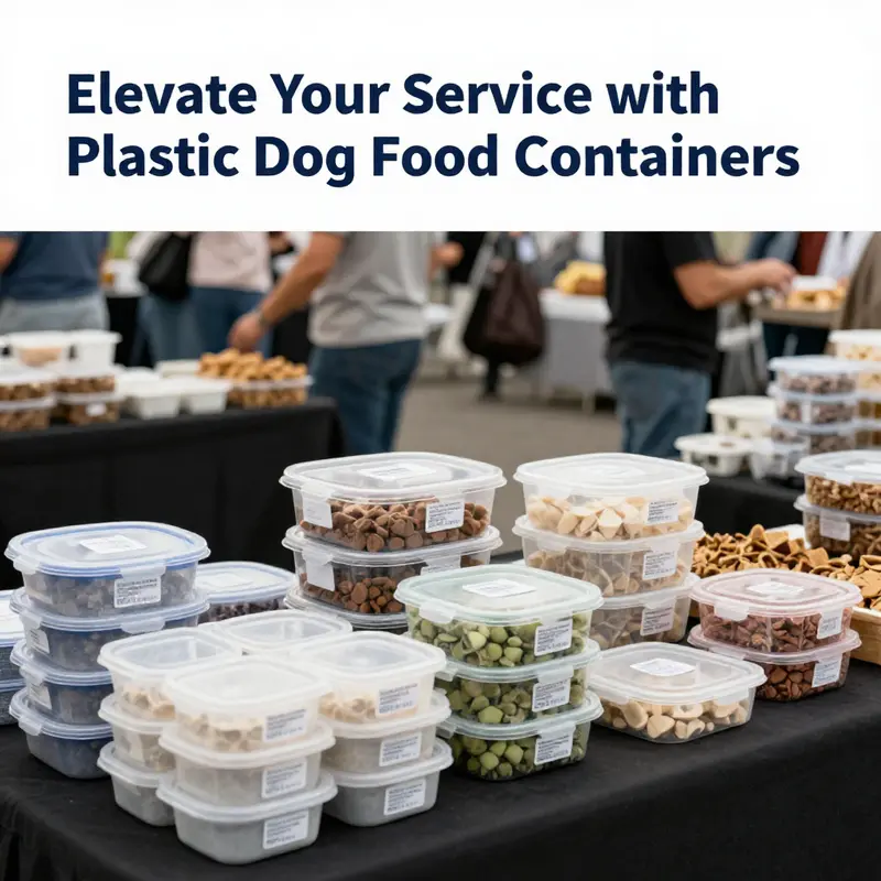 An array of plastic dog food containers emphasizing their various features and designs.