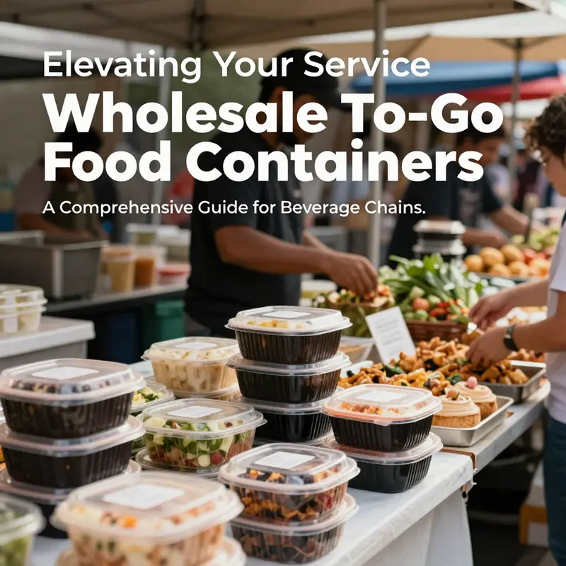 A lively food market scene demonstrating the use of diverse wholesale to-go food containers across various food vendors.