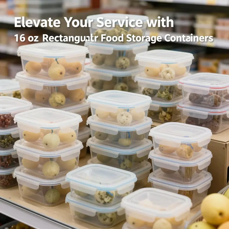 Showcasing a 16 oz rectangular food storage container that emphasizes its safety and sealing features.