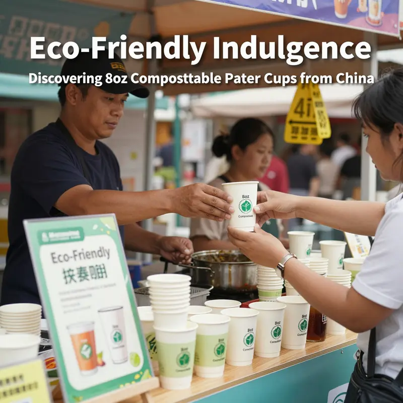 Aesthetic display of 8oz compostable paper cups ready for service.